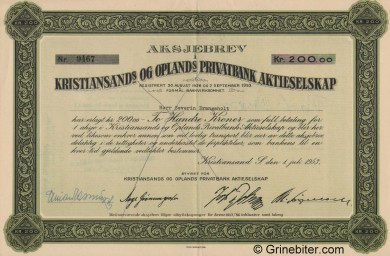 Kristiansands & Opland Privatbank - Picture of Norwegian Bank Certificate