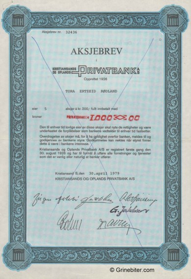 Kristiansands & Opland Privatbank - Picture of Norwegian Bank Certificate