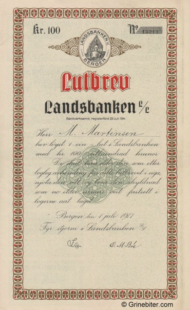 Landsbanken L/L - Picture of Norwegian Bank Certificate