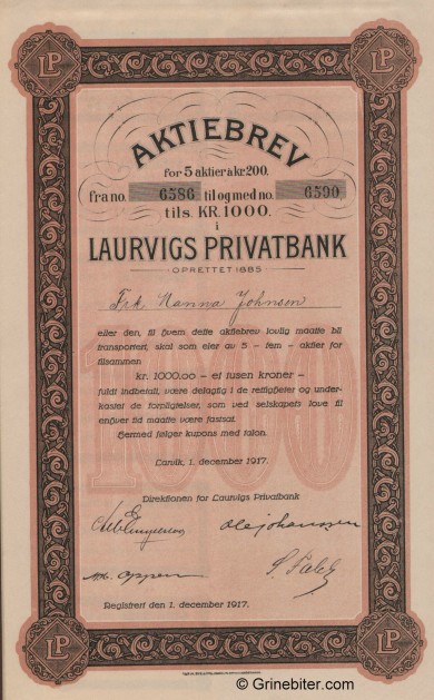 Laurvigs Privatbank A/S - Picture of Norwegian Bank Certificate