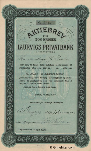 Laurvigs Privatbank A/S - Picture of Norwegian Bank Certificate