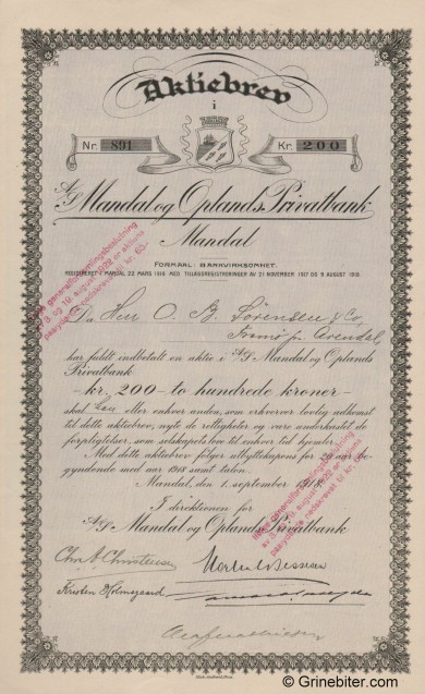 Mandal og Oplands Privatbank - Picture of Norwegian Bank Certificate
