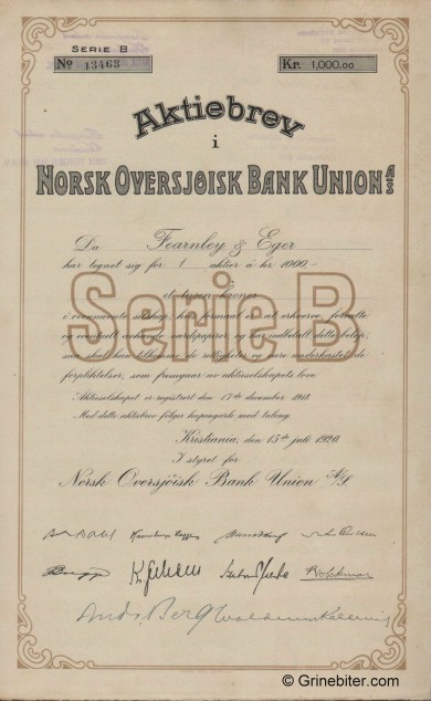 Norsk Oversjisk B. Union - Picture of Norwegian Bank Certificate