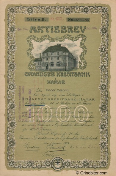 Oplandske Kreditbank A/S - Picture of Norwegian Bank Certificate
