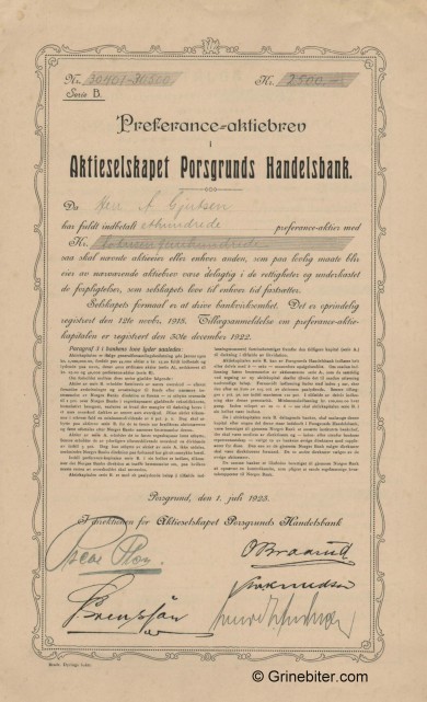Porsgrunds Handelsbank - Picture of Norwegian Bank Certificate