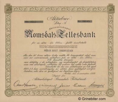Romsdals Fellesbank A/S - Picture of Norwegian Bank Certificate