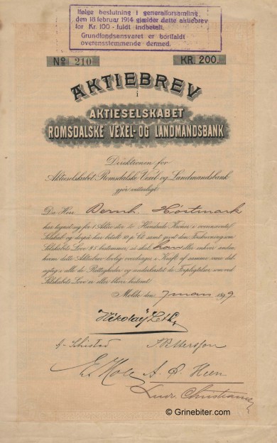Romsdalske Vexel og Landmandsbank old stock Certificate