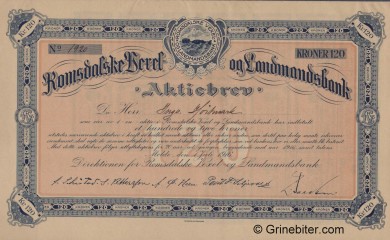 Romsdalske Vexel og Landmandsbank - Picture of Norwegian Bank Certificate