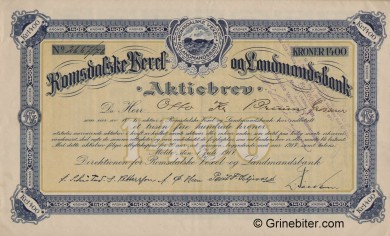 Romsdalske Vexel og Landmandsbank - Picture of Norwegian Bank Certificate