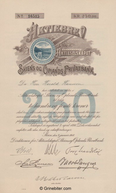 Skiens og Oplands Privatbank - Picture of Norwegian Bank Certificate