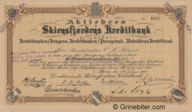 Skiensfjordens Kreditbank - Picture of Norwegian Bank Certificate