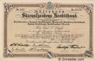 Skiensfjordens Kreditbank - Picture of Norwegian Bank Certificate