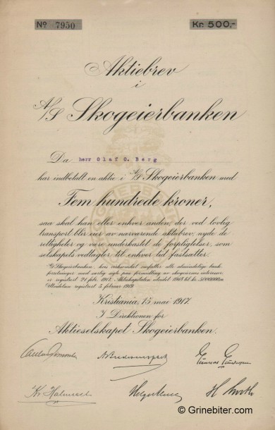 Skogeierbanken A/S - Picture of Norwegian Bank Certificate