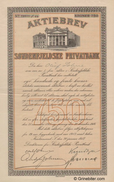 Sndenfjeldske Privatbank - Picture of Norwegian Bank Certificate