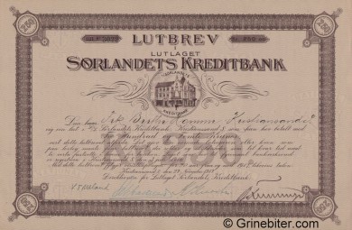 Srlandets Kreditbank L/L - Picture of Norwegian Bank Certificate