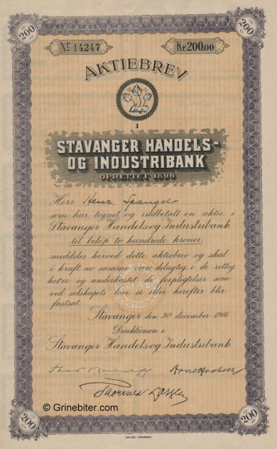 Stavanger Handels og Industribank - Picture of Norwegian Bank Certificate