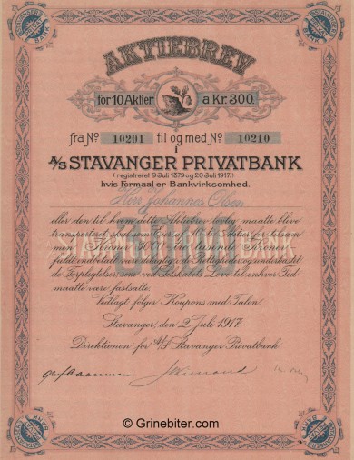 Stavanger Privatbank A/S - Picture of Norwegian Bank Certificate