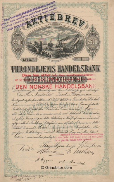 Throndhjems Handelsbank - Picture of Norwegian Bank Certificate