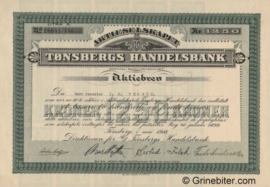 Tnsbergs Handelsbank - Picture of Norwegian Bank Certificate