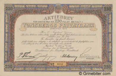 Tnsbergs Privatbank A/S - Picture of Norwegian Bank Certificate