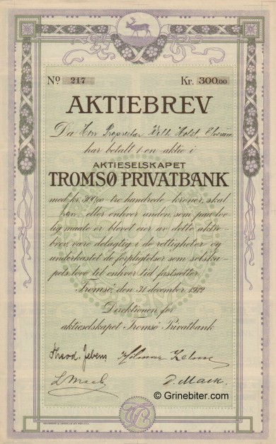 Troms Privatbank A/S - Picture of Norwegian Bank Certificate