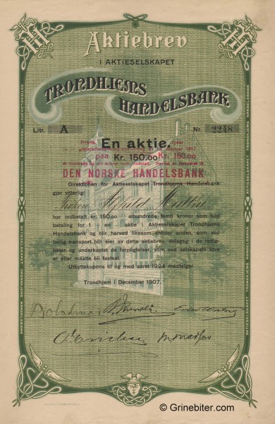 Trondhjems Handelsbank - Picture of Norwegian Bank Certificate