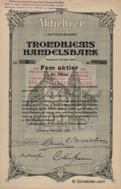 Trondhjems Handelsbank - Picture of Norwegian Bank Certificate