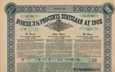 Norsk Procents Statslaan af 1902 Bond Certificate Obligasjon