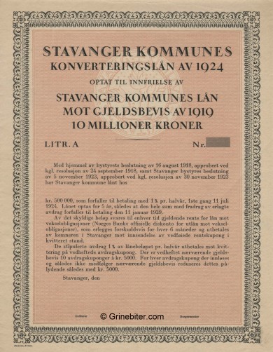 Stavanger Kommunes Konverteringslan av 1924 Bond Certificate Obligasjon
