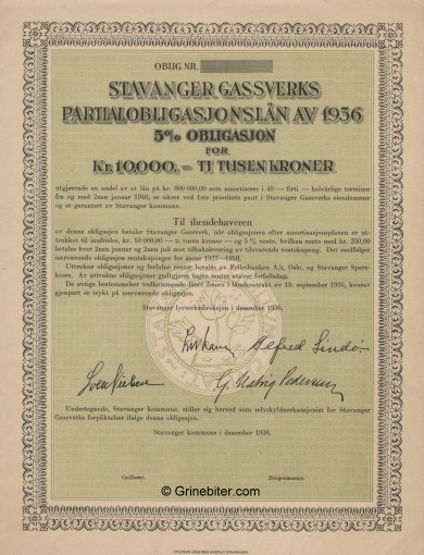 Stavanger Gassverks Partialobligasjonlaan av 1936 Bond Certificate Obligasjon