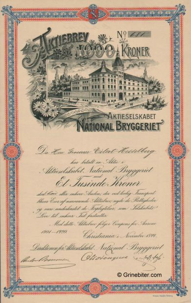 National Bryggeriet aksjebrev old stock Certificate