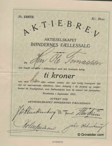 Bøndernes Fællessalg Stock Certificate Aksjebrev