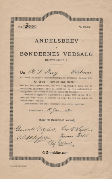 Bøndernes Vedsalg Stock Certificate Aksjebrev