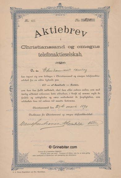 Christianssand og Omegns Telefonaktieselskap Stock Certificate Aksjebrev
