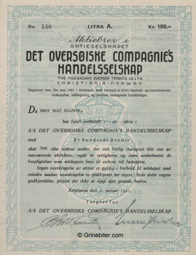 Det Oversöiske Compagnie Stock Certificate Aksjebrev