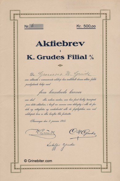 K. Grudes Filial A/S Stock Certificate Aksjebrev
