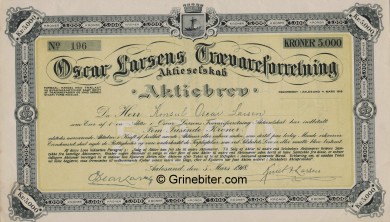 Oscar Larsens Trævareforretning Stock Certificate Aksjebrev