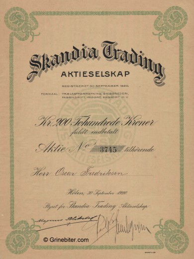 Skandia Trading Stock Certificate Aksjebrev