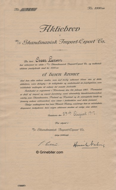 Skandinavisk Import-Export Co Stock Certificate Aksjebrev