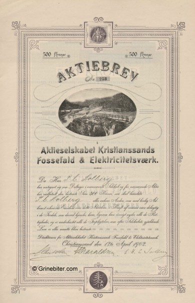 Kristianssands Fossefald & Elektricitetsvrk Stock Certificate Aksjebrev