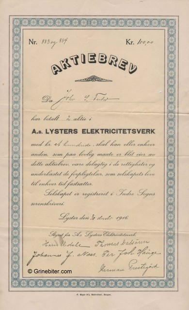 Lyster Elektricitetsverk Stock Certificate Aksjebrev