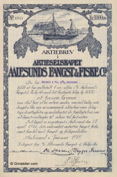 Aalesunds Fangst & Fiske Stock Certificate Aksjebrev