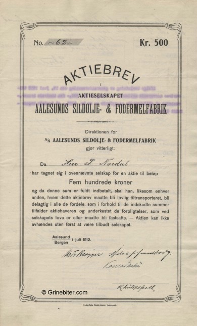 Aalesunds Sildoje & Fod. Stock Certificate Aksjebrev