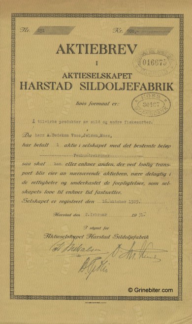 Harstad Sildoljefabrik A/S Stock Certificate Aksjebrev