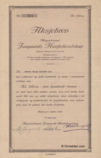 Jangaards Havfiskeselsk Stock Certificate Aksjebrev