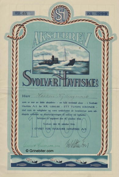 Svolvr Havfiske A/S Stock Certificate Aksjebrev