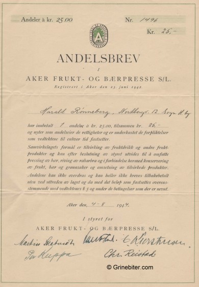 Aker Frukt- & Brpresse Stock Certificate Aksjebrev