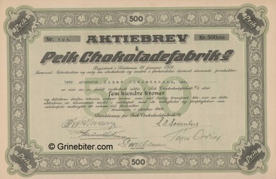Peik Chokoladefabrik Stock Certificate Aksjebrev