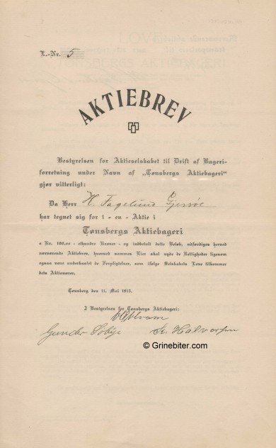 Tnsbergs Aktiebageri Stock Certificate Aksjebrev