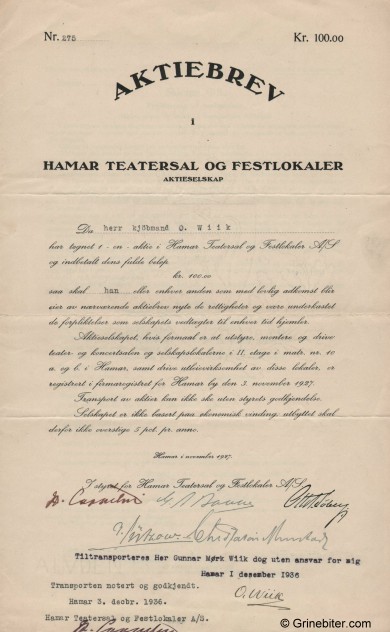 Hamar Teatersal og Festlokaler Stock Certificate Aksjebrev